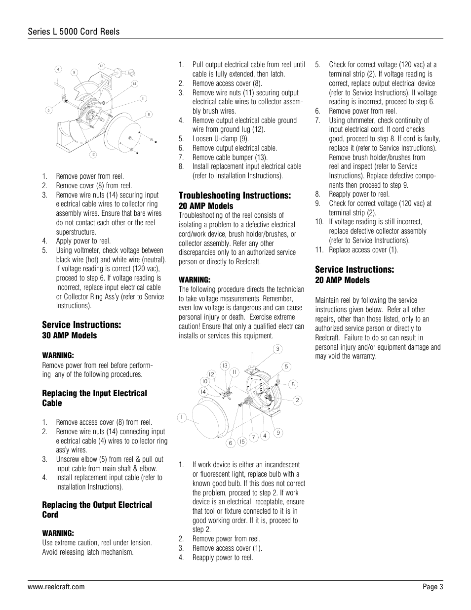 Series l 5000 cord reels, Service instructions, Troubleshooting instructions | Reelcraft Series L5000 Cord Reels User Manual | Page 3 / 8