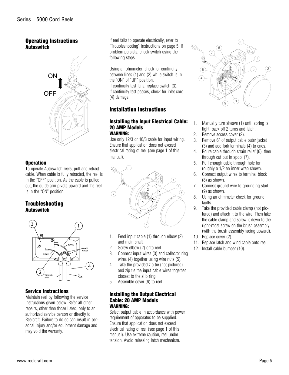 On off, Series l 5000 cord reels, Operating instructions | Troubleshooting, Installation instructions | Reelcraft Series L5000 Cord Reels User Manual | Page 5 / 8
