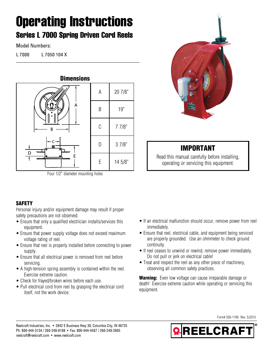 Reelcraft Series L7000 Spring Driven Cord Reels User Manual | 3 pages