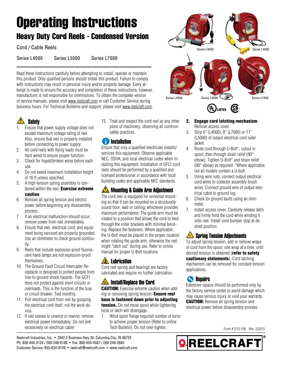 Reelcraft Heavy Duty Cord Reels - Condensed Version User Manual | 4 pages