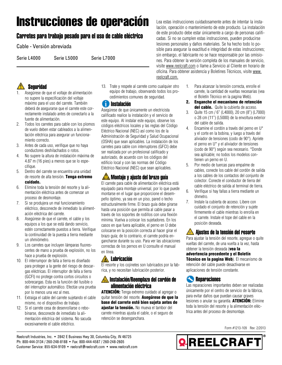 Instrucciones de operación, Seguridad, Instalación | Montaje y ajuste del brazo guía, Lubricación, Ajustes de la tensión del resorte, Reparaciones | Reelcraft Heavy Duty Cord Reels - Condensed Version User Manual | Page 2 / 4