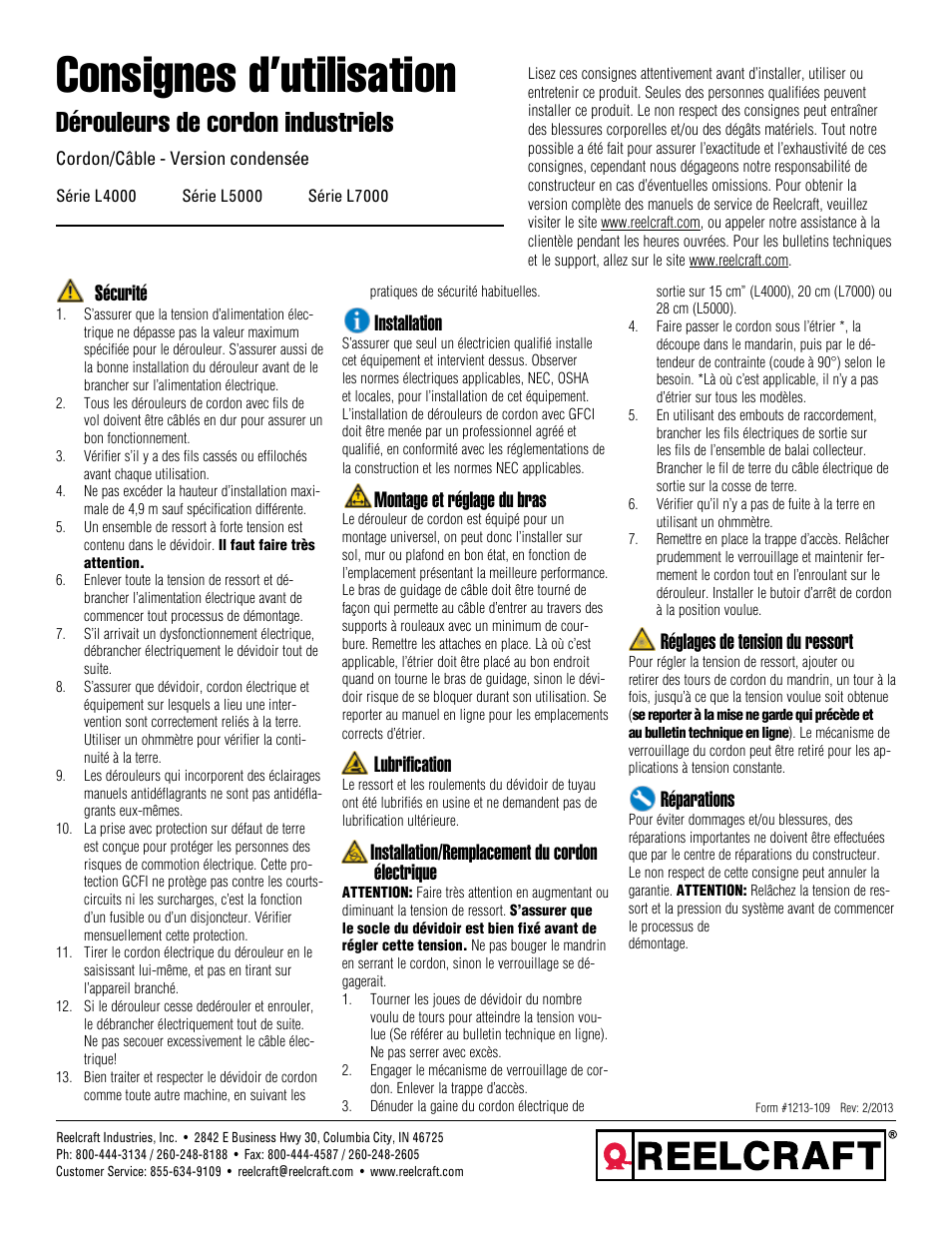 Consignes d’utilisation, Dérouleurs de cordon industriels, Sécurité | Installation, Montage et réglage du bras, Lubrification, Installation/remplacement du cordon électrique, Réglages de tension du ressort, Réparations | Reelcraft Heavy Duty Cord Reels - Condensed Version User Manual | Page 3 / 4