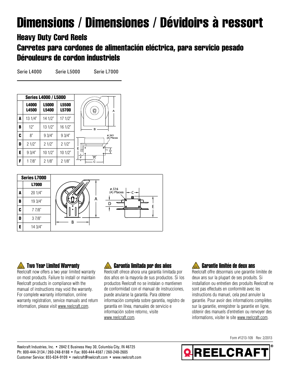 Dimensions / dimensiones / dévidoirs à ressort, Garantie limitée de deux ans, Garantía limitada por dos años | Two year limited warranty | Reelcraft Heavy Duty Cord Reels - Condensed Version User Manual | Page 4 / 4