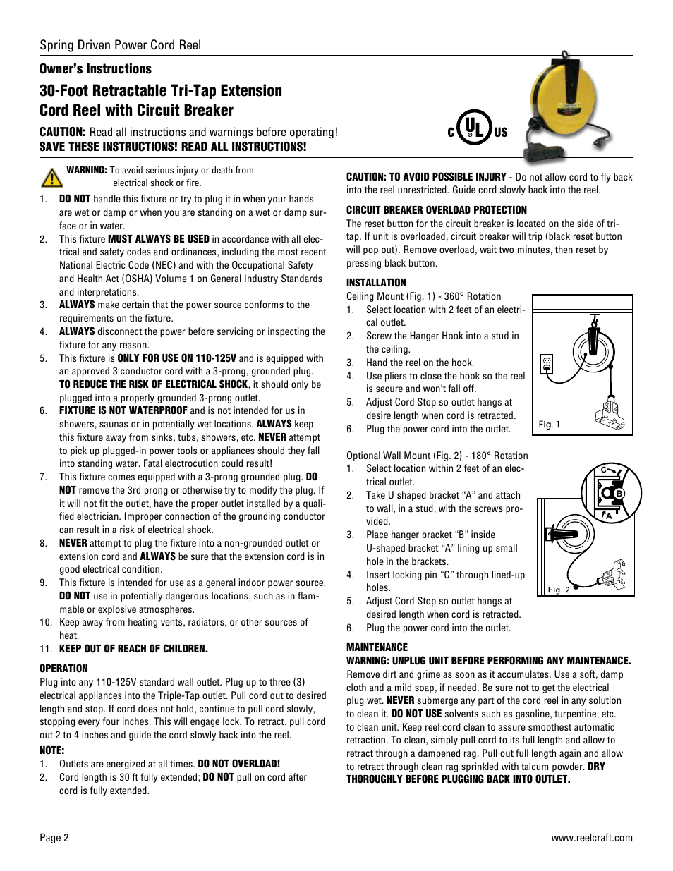 Spring driven power cord reel, Owner’s instructions | Reelcraft Series LD Power Cord Reels User Manual | Page 2 / 4