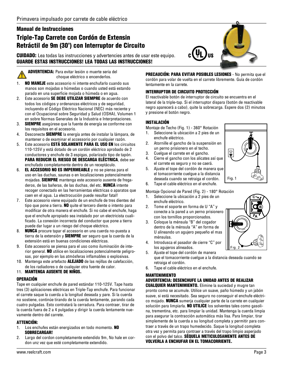 Primavera impulsado por carrete de cable eléctrico, Manual de instrucciones | Reelcraft Series LD Power Cord Reels User Manual | Page 3 / 4
