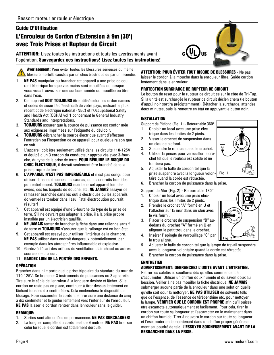 Ressort moteur enrouleur électrique, Guide d’utilisation | Reelcraft Series LD Power Cord Reels User Manual | Page 4 / 4