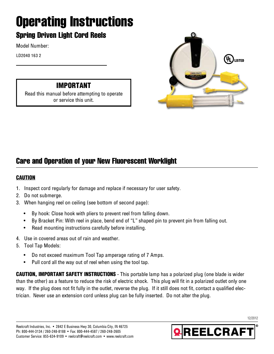 Reelcraft Series LD Light Cord Reels User Manual | 2 pages