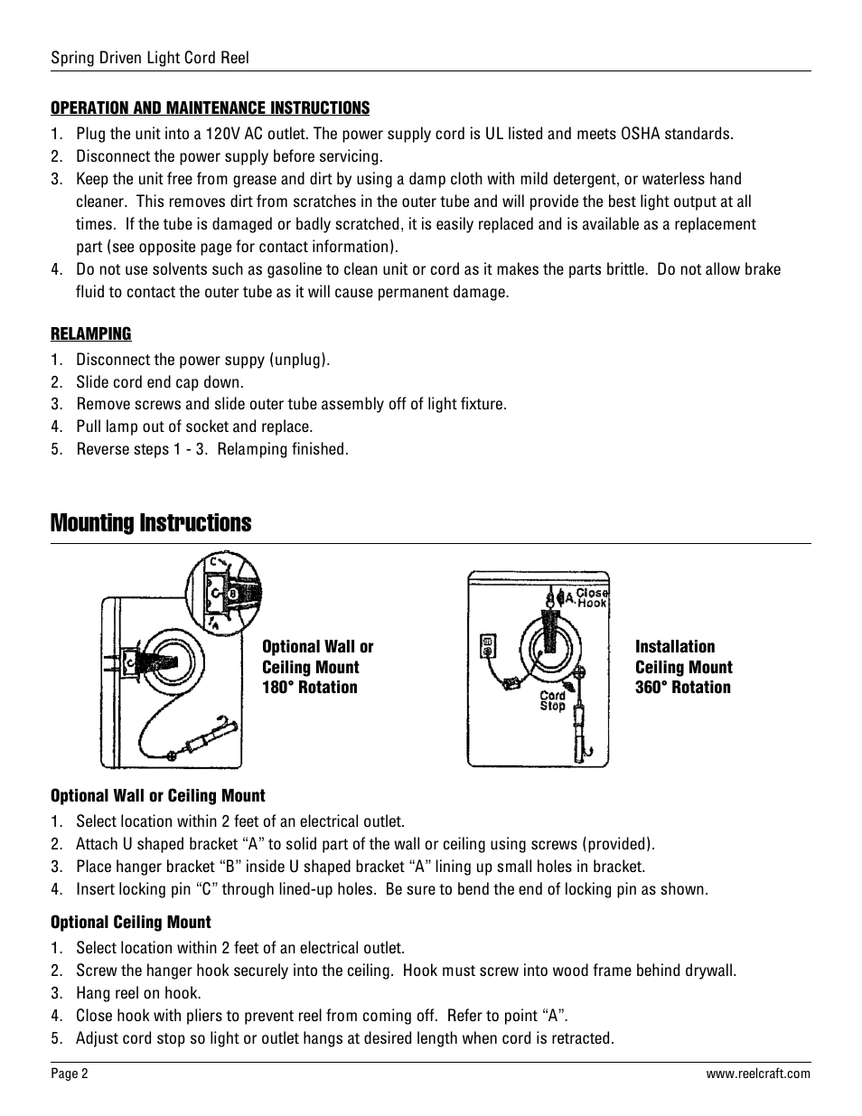 Mounting instructions | Reelcraft Series LD Light Cord Reels User Manual | Page 2 / 2