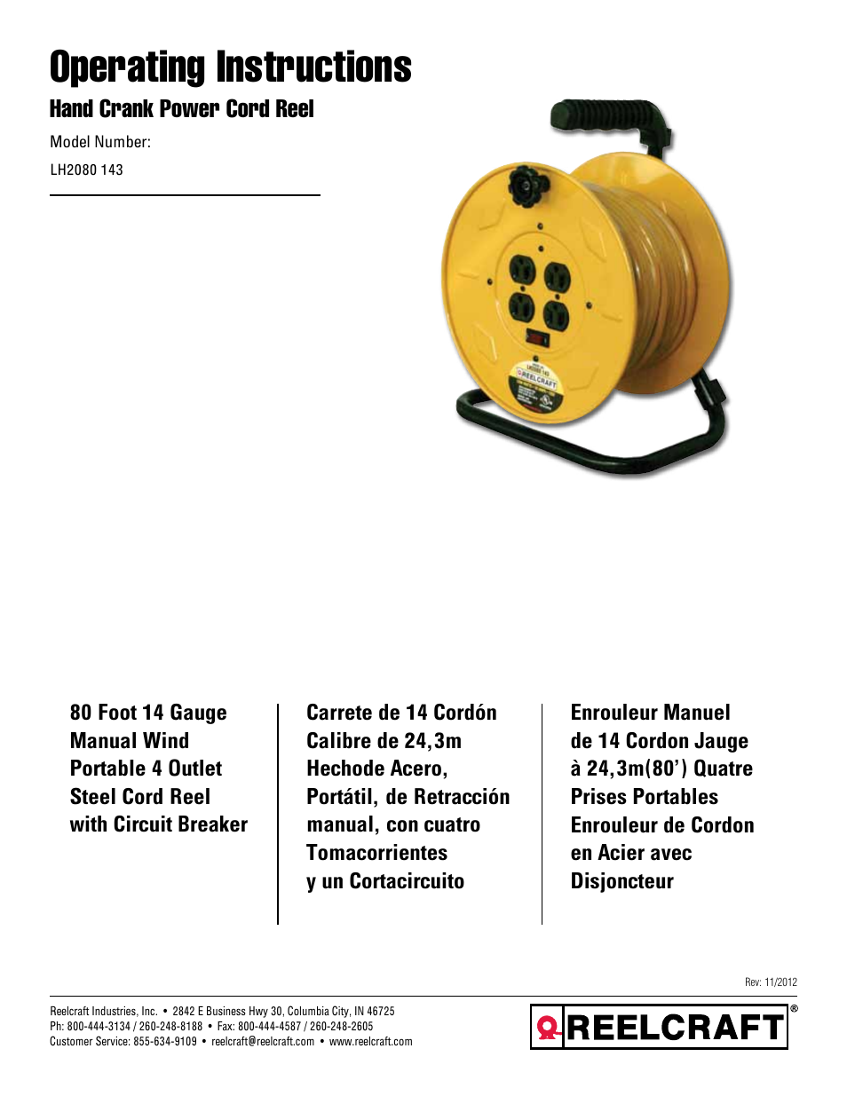 Reelcraft Series LH Hand Crank Cord Reels (LH2080) User Manual | 4 pages