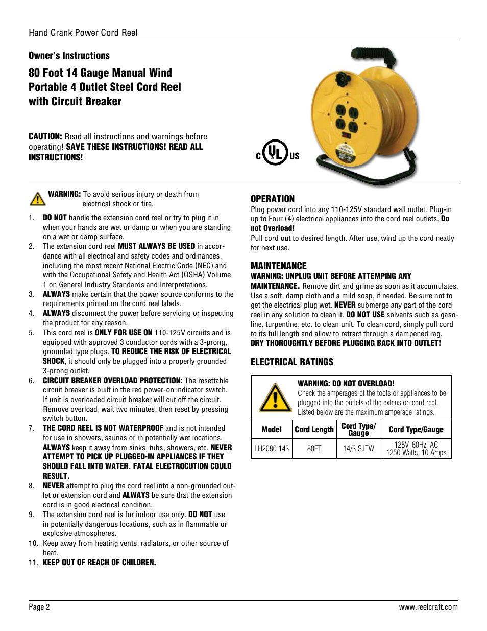 Reelcraft Series LH Hand Crank Cord Reels (LH2080) User Manual | Page 2 / 4