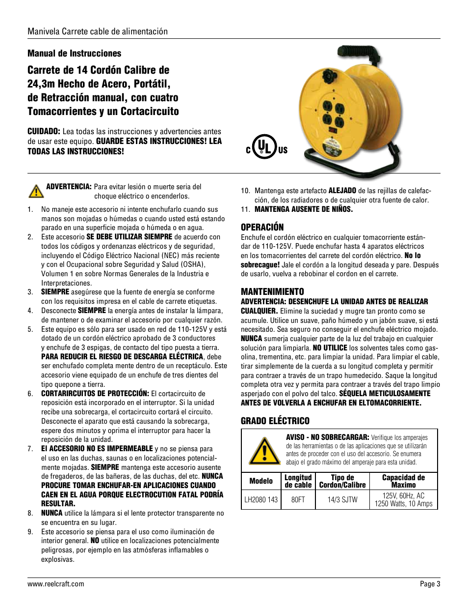 Reelcraft Series LH Hand Crank Cord Reels (LH2080) User Manual | Page 3 / 4