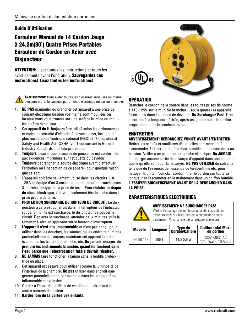 Reelcraft Series LH Hand Crank Cord Reels (LH2080) User Manual | Page 4 / 4