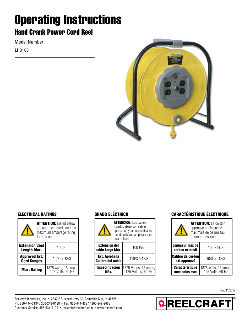 Reelcraft Series LH Hand Crank Cord Reels (LH3100) User Manual | 4 pages