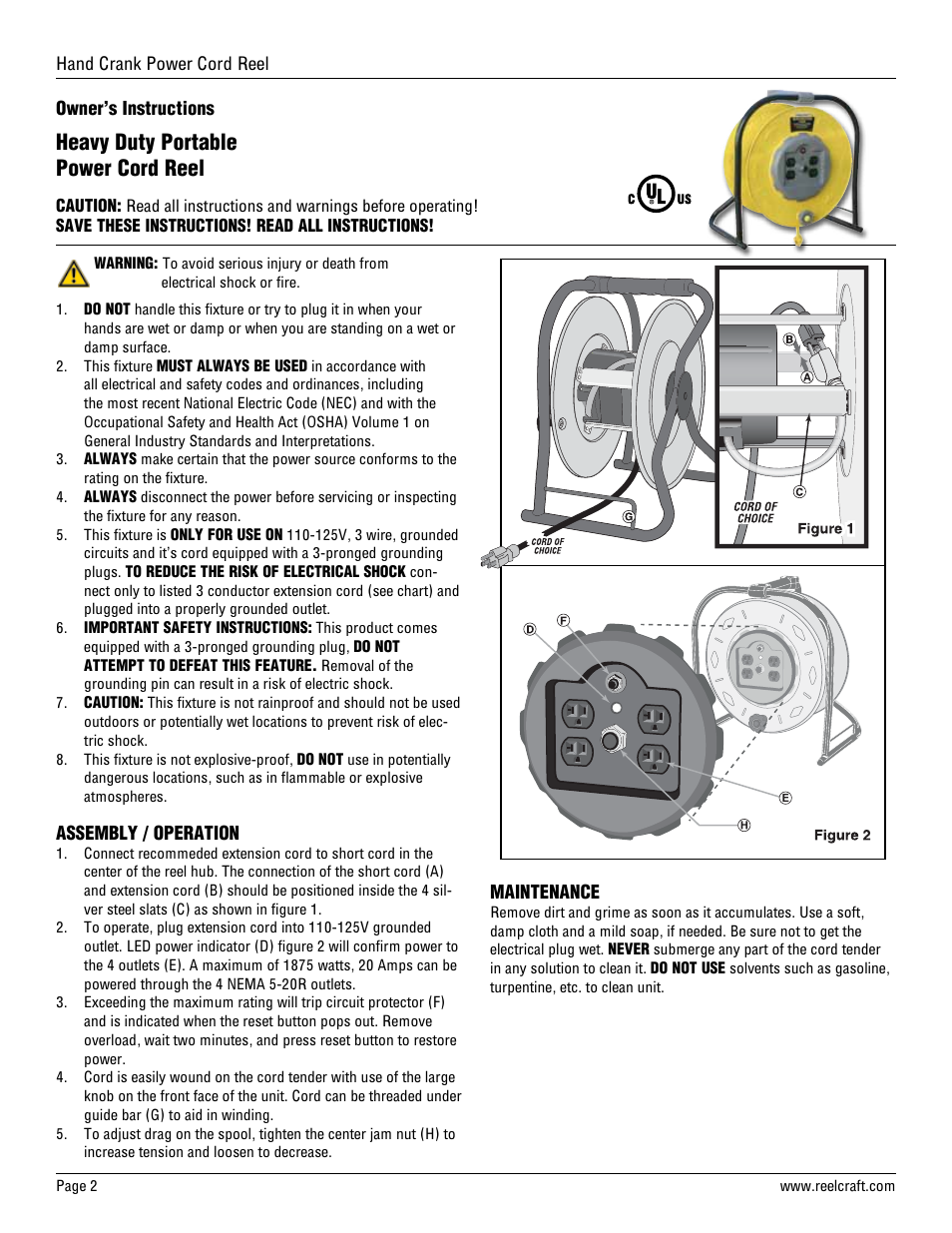 Heavy duty portable power cord reel | Reelcraft Series LH Hand Crank Cord Reels (LH3100) User Manual | Page 2 / 4
