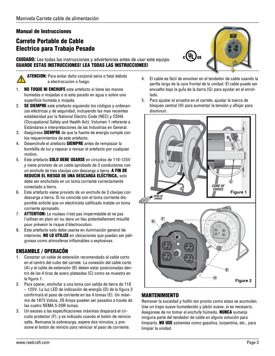 Reelcraft Series LH Hand Crank Cord Reels (LH3100) User Manual | Page 3 / 4