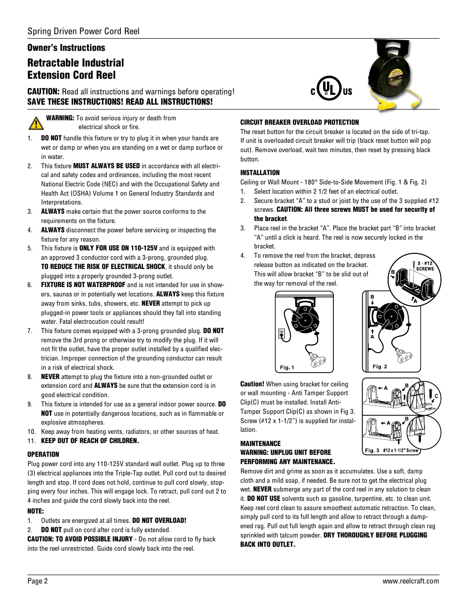 Retractable industrial extension cord reel, Spring driven power cord reel, Owner’s instructions | Reelcraft Series LG Cord Reels Power Cord Reels User Manual | Page 2 / 4