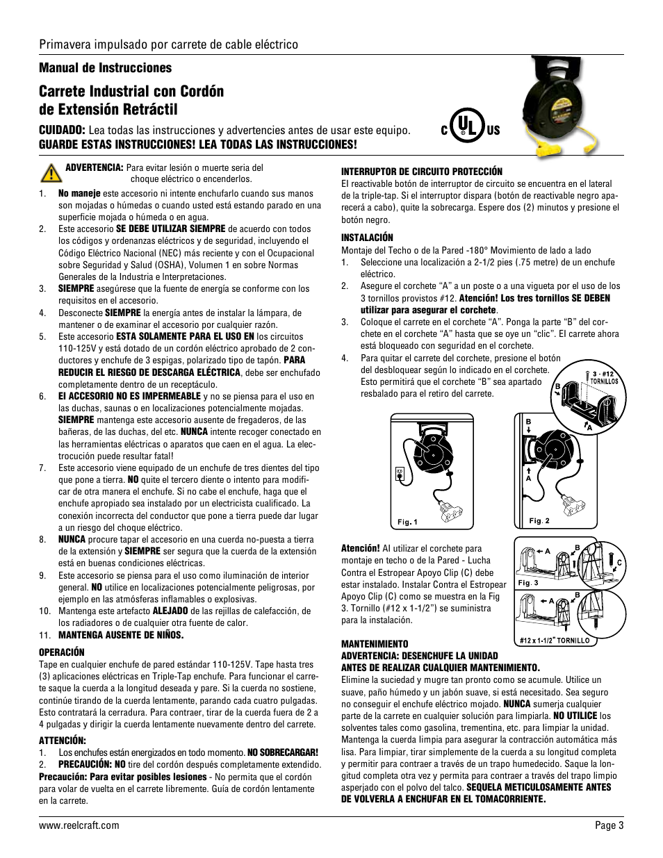 Primavera impulsado por carrete de cable eléctrico, Manual de instrucciones | Reelcraft Series LG Cord Reels Power Cord Reels User Manual | Page 3 / 4