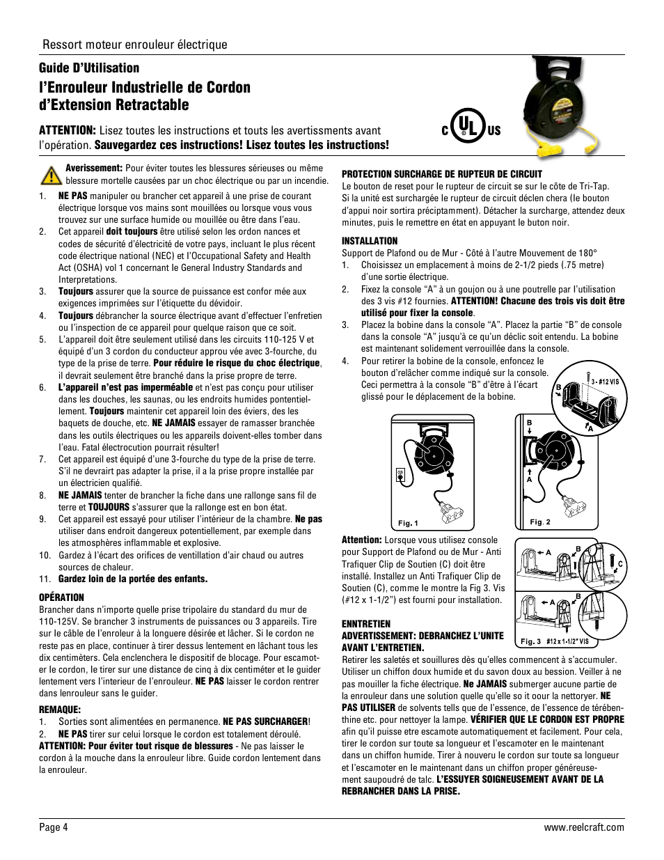 Ressort moteur enrouleur électrique, Guide d’utilisation | Reelcraft Series LG Cord Reels Power Cord Reels User Manual | Page 4 / 4