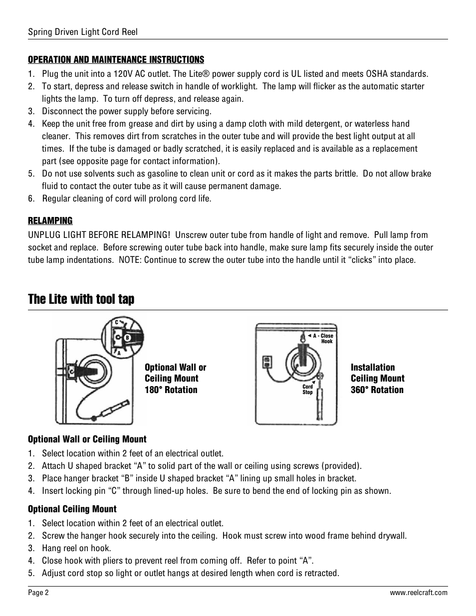 The lite with tool tap | Reelcraft Series LG Cord Reels Light Cord Reels User Manual | Page 2 / 2