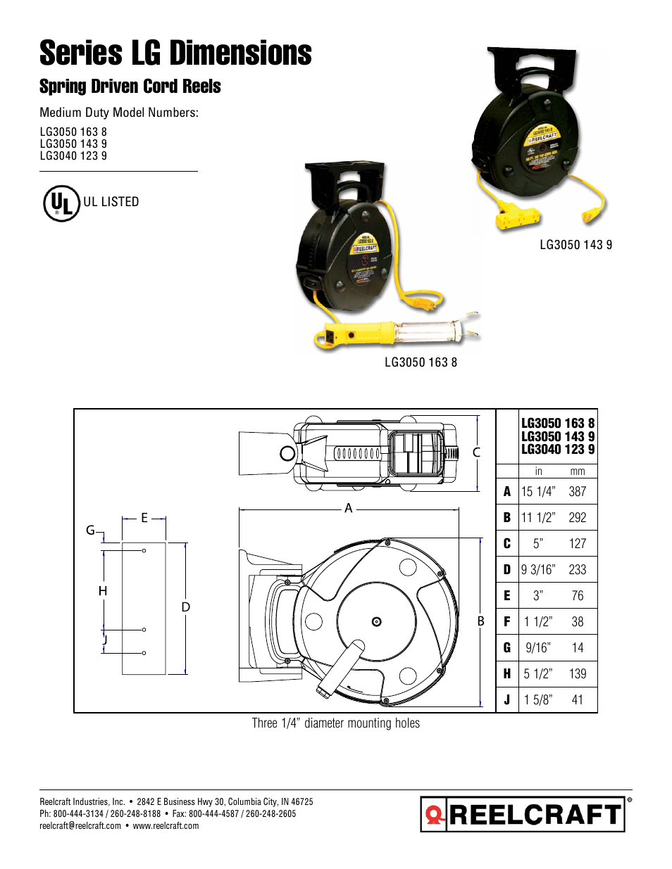 Reelcraft Series LG Cord Reels Dimensions User Manual | 1 page