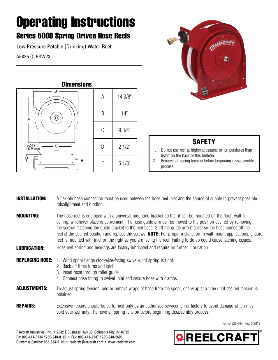Reelcraft Series 5000 Spring Driven Hose Reels (AxxxxOLBSW23) User Manual | 6 pages