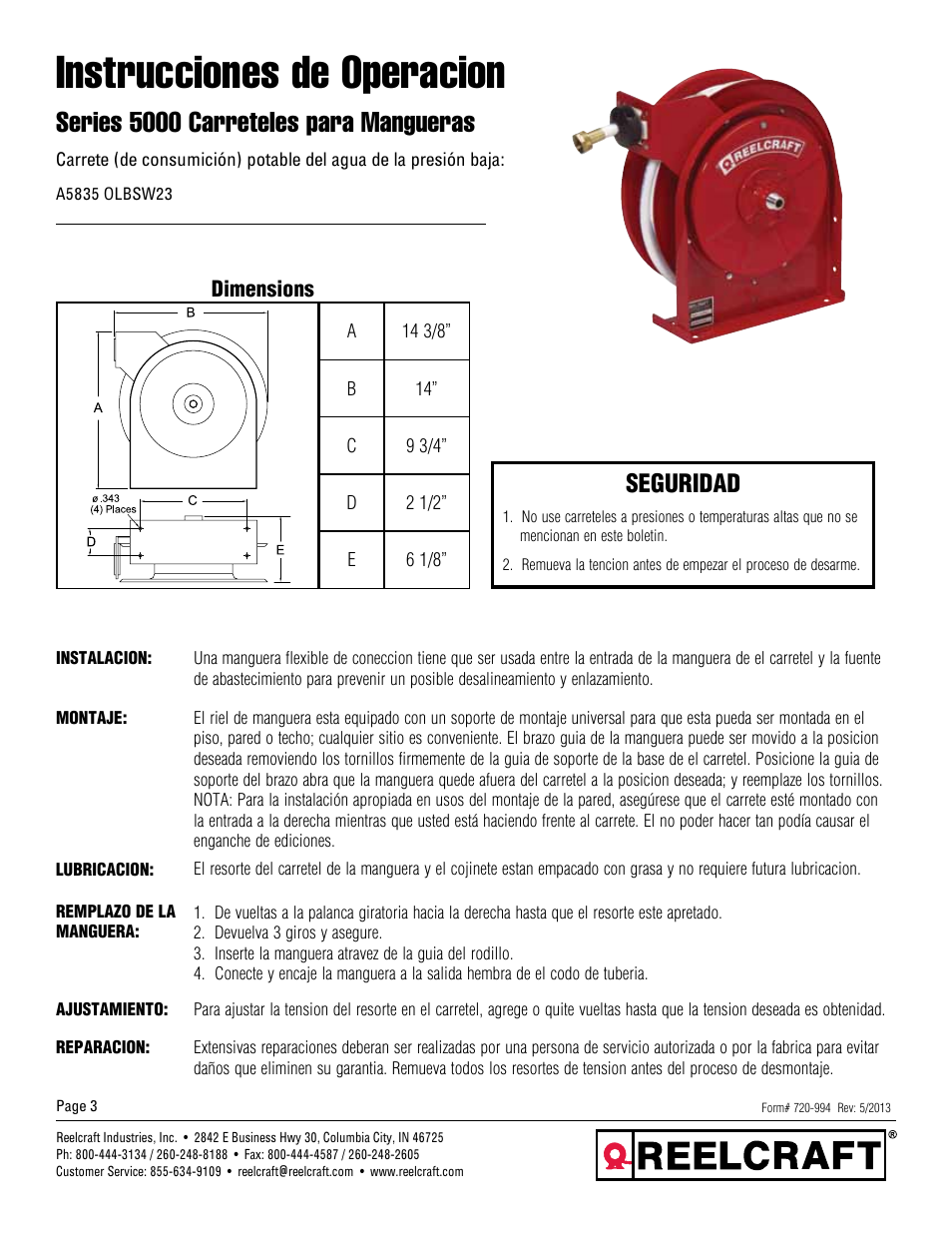 Instrucciones de operacion, Series 5000 carreteles para mangueras, Seguridad | Reelcraft Series 5000 Spring Driven Hose Reels (AxxxxOLBSW23) User Manual | Page 3 / 6
