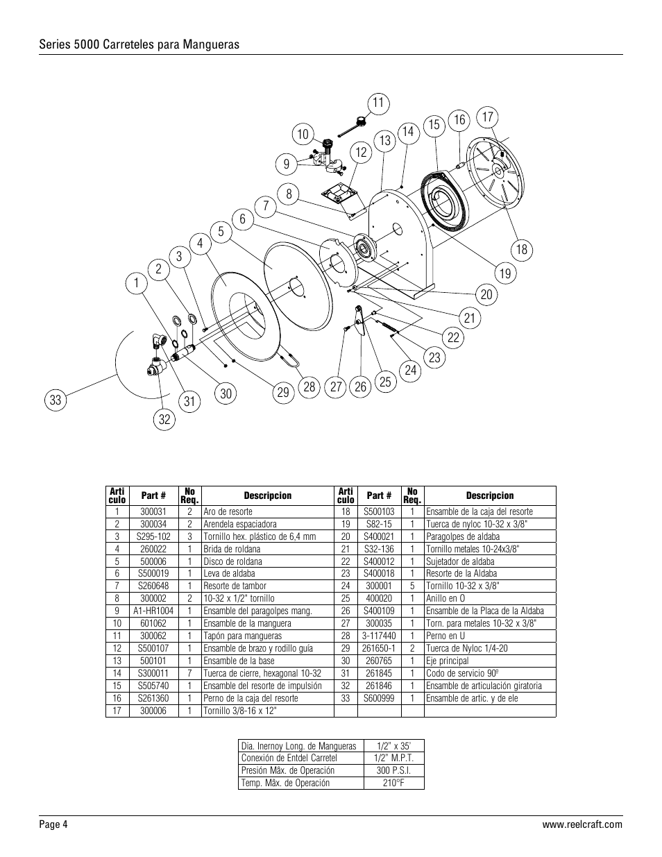 Reelcraft Series 5000 Spring Driven Hose Reels (AxxxxOLBSW23) User Manual | Page 4 / 6