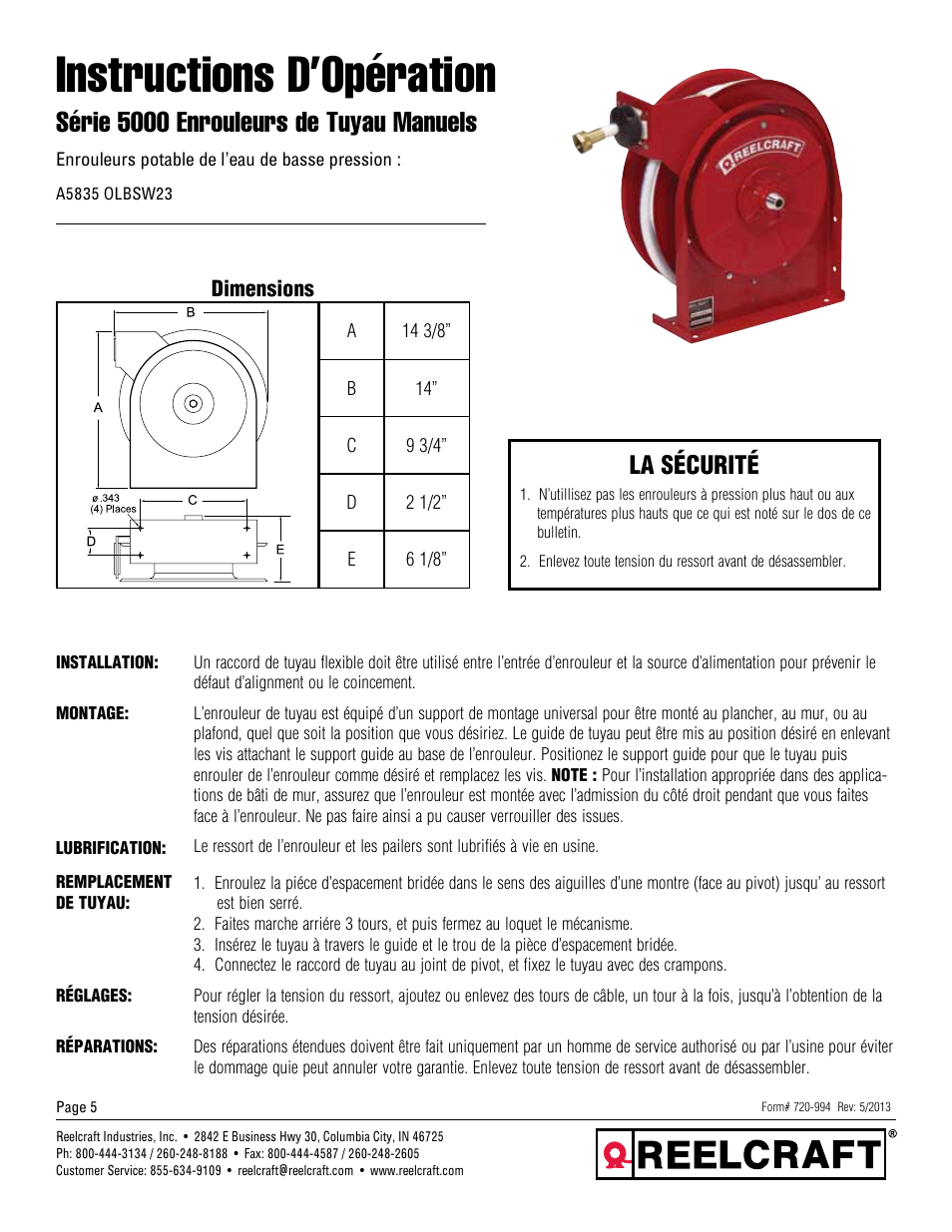 Instructions d’opération, Série 5000 enrouleurs de tuyau manuels, La sécurité | Reelcraft Series 5000 Spring Driven Hose Reels (AxxxxOLBSW23) User Manual | Page 5 / 6