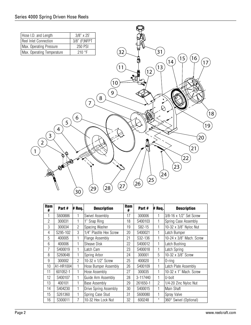 Reelcraft Series 4000 Spring Driven Hose Reels (4625 OLPSW5) User Manual | Page 2 / 6