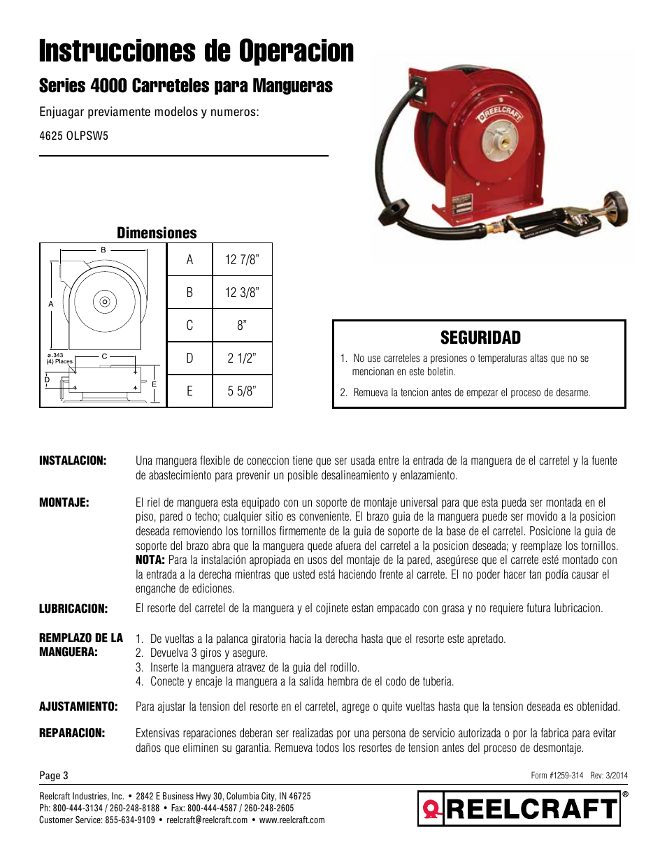 Instrucciones de operacion, Series 4000 carreteles para mangueras, Seguridad | Reelcraft Series 4000 Spring Driven Hose Reels (4625 OLPSW5) User Manual | Page 3 / 6
