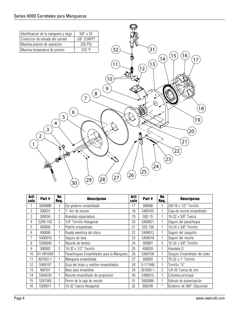 Reelcraft Series 4000 Spring Driven Hose Reels (4625 OLPSW5) User Manual | Page 4 / 6