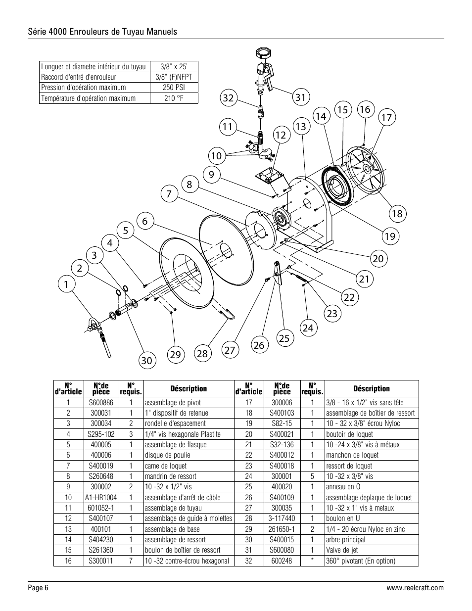 Reelcraft Series 4000 Spring Driven Hose Reels (4625 OLPSW5) User Manual | Page 6 / 6