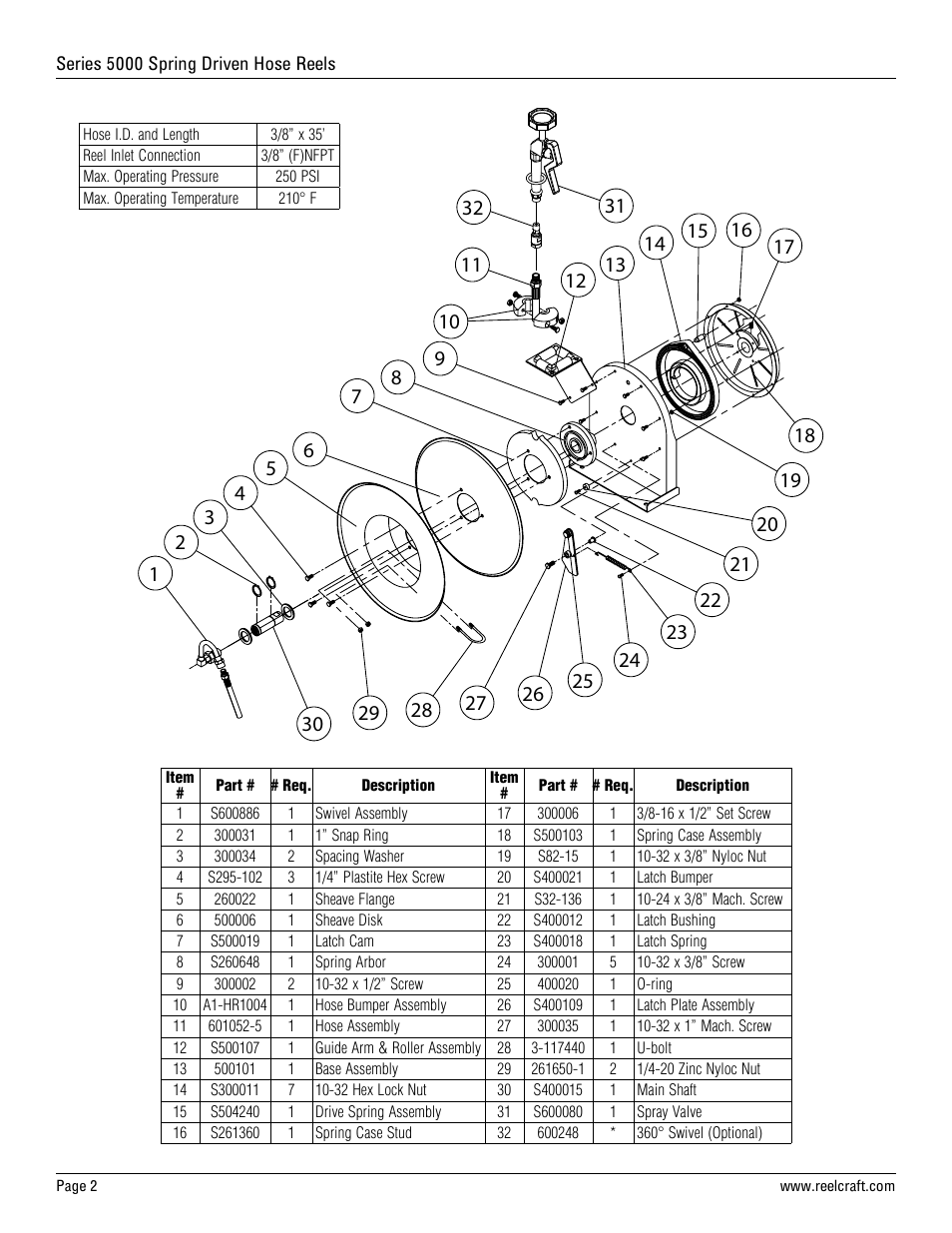 Reelcraft Series 5000 Spring Driven Hose Reels (5635 OLPSW5) User Manual | Page 2 / 6