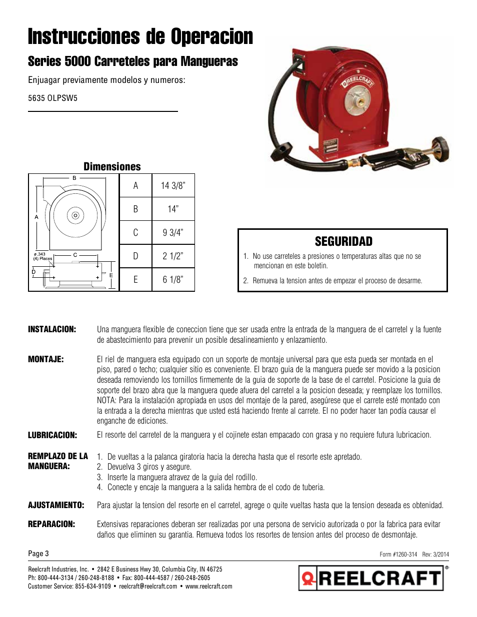 Instrucciones de operacion, Series 5000 carreteles para mangueras, Seguridad | Reelcraft Series 5000 Spring Driven Hose Reels (5635 OLPSW5) User Manual | Page 3 / 6