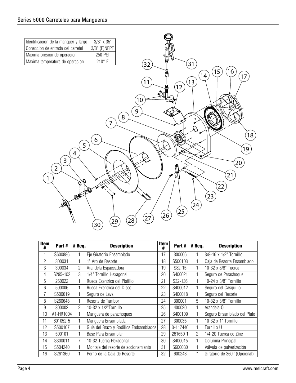 Reelcraft Series 5000 Spring Driven Hose Reels (5635 OLPSW5) User Manual | Page 4 / 6
