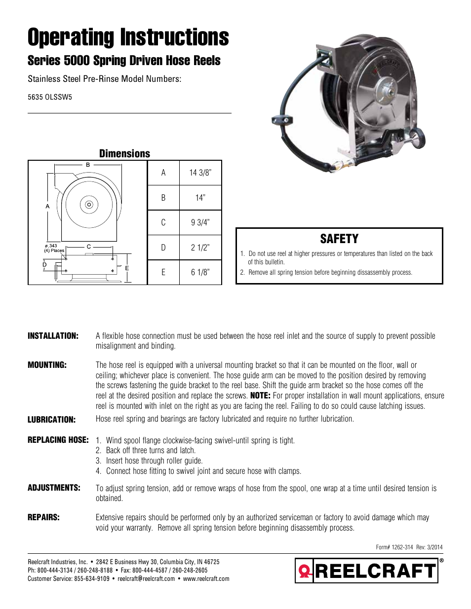 Reelcraft Series 5000 Spring Driven Hose Reels (5635 OLSSW5) User Manual | 6 pages