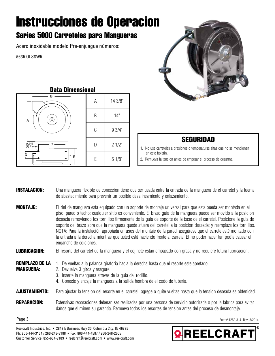 Instrucciones de operacion, Series 5000 carreteles para mangueras, Seguridad | Reelcraft Series 5000 Spring Driven Hose Reels (5635 OLSSW5) User Manual | Page 3 / 6