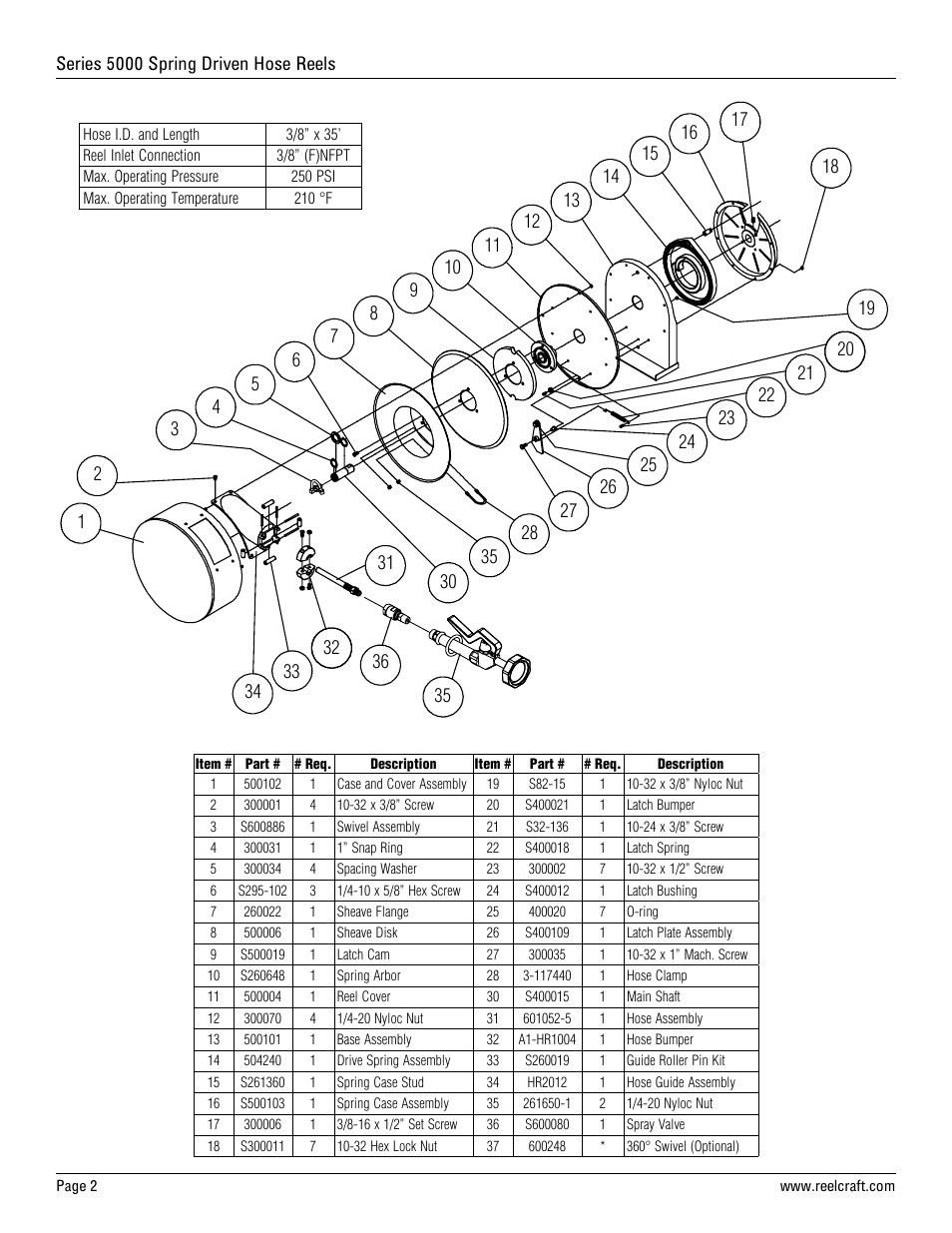 Reelcraft Series 5000 Spring Driven Hose Reels (5635 ELPSW5) User Manual | Page 2 / 2