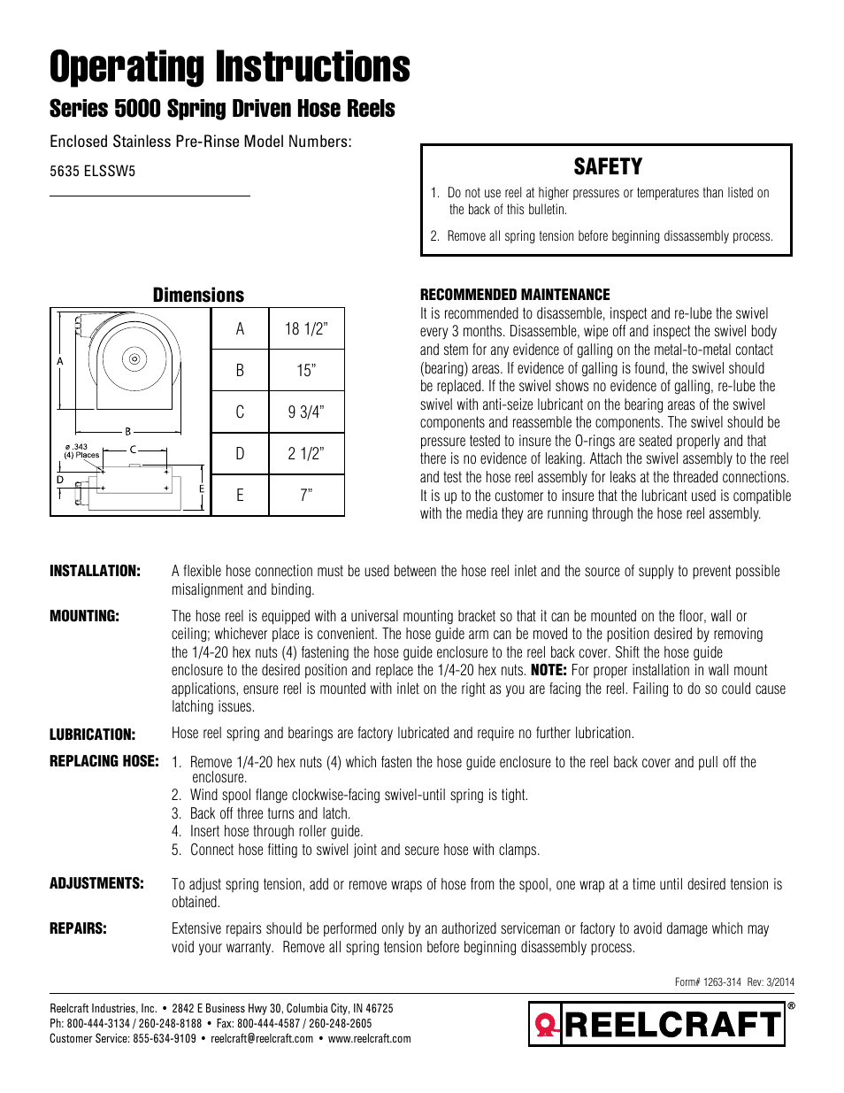 Reelcraft Series 5000 Spring Driven Hose Reels (5635 ELSSW5) User Manual | 2 pages