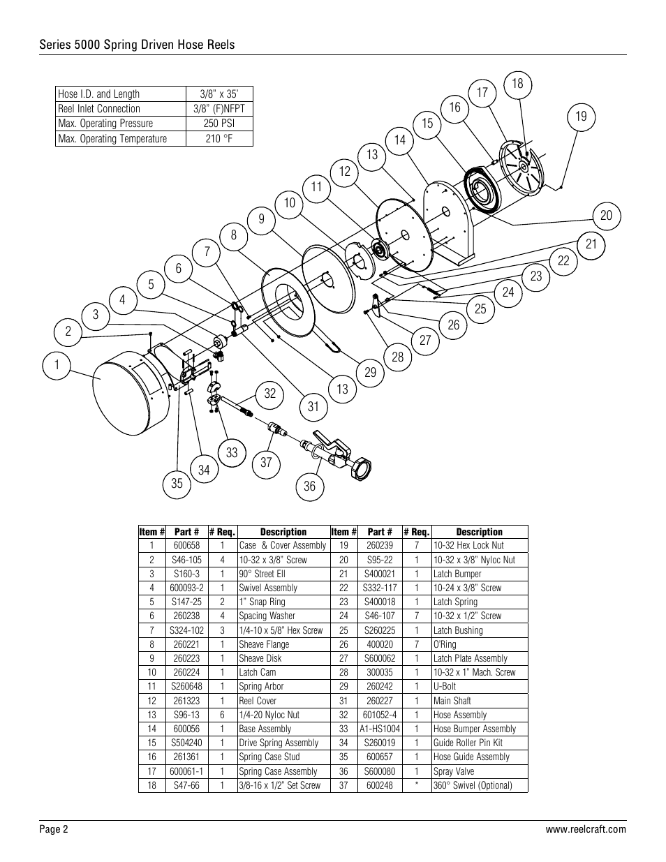 Reelcraft Series 5000 Spring Driven Hose Reels (5635 ELSSW5) User Manual | Page 2 / 2