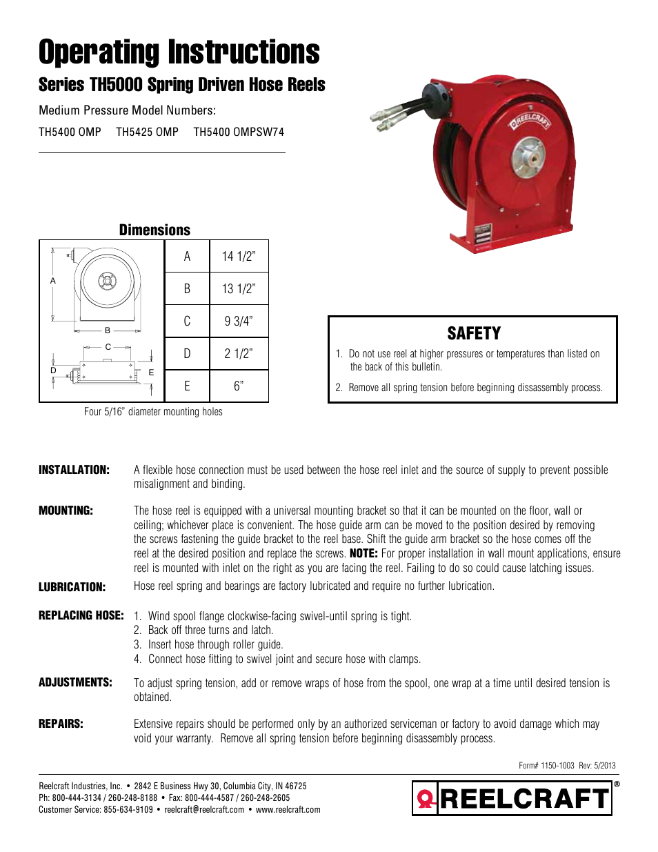Reelcraft Series TH5000 Spring Driven Hose Reels User Manual | 2 pages