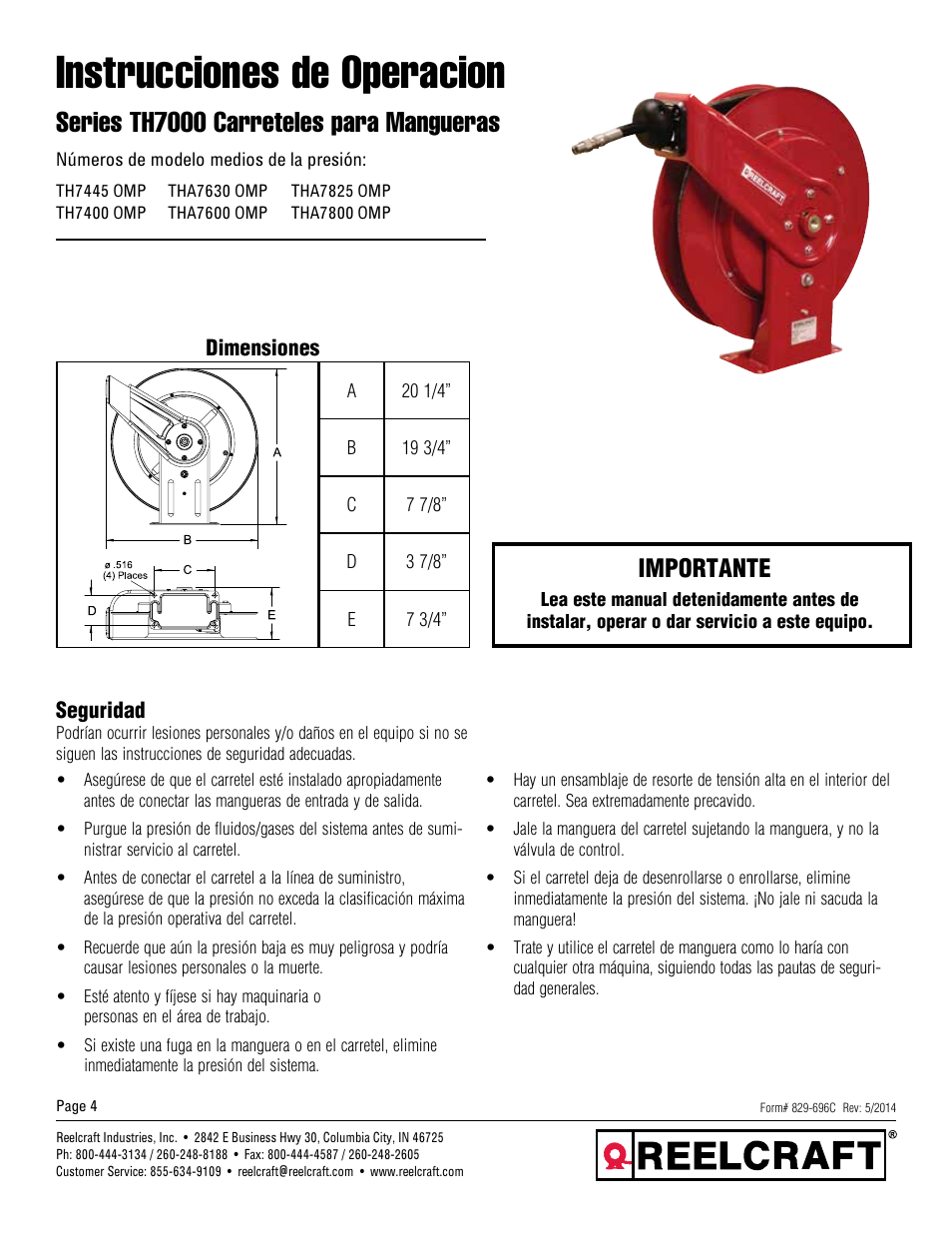 Instrucciones de operacion, Series th7000 carreteles para mangueras, Importante | Reelcraft Series TH7000 Spring Driven Hose Reels User Manual | Page 4 / 9