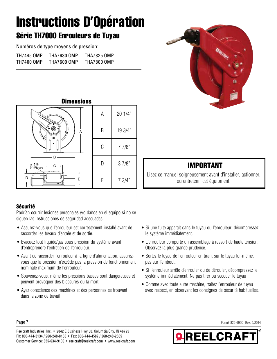 Instructions d’opération, Série th7000 enrouleurs de tuyau, Important | Reelcraft Series TH7000 Spring Driven Hose Reels User Manual | Page 7 / 9