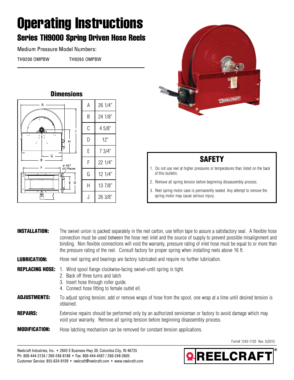 Reelcraft Series TH9000 Spring Driven Hose Reels User Manual | 2 pages