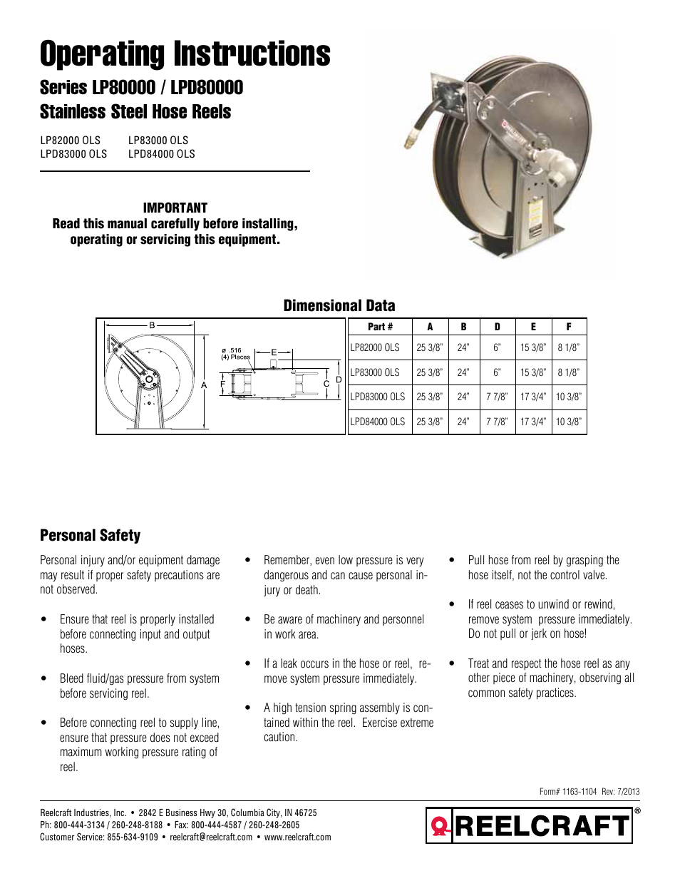 Reelcraft Series LPD80000 Stainless Steel Hose Reels User Manual | 9 pages
