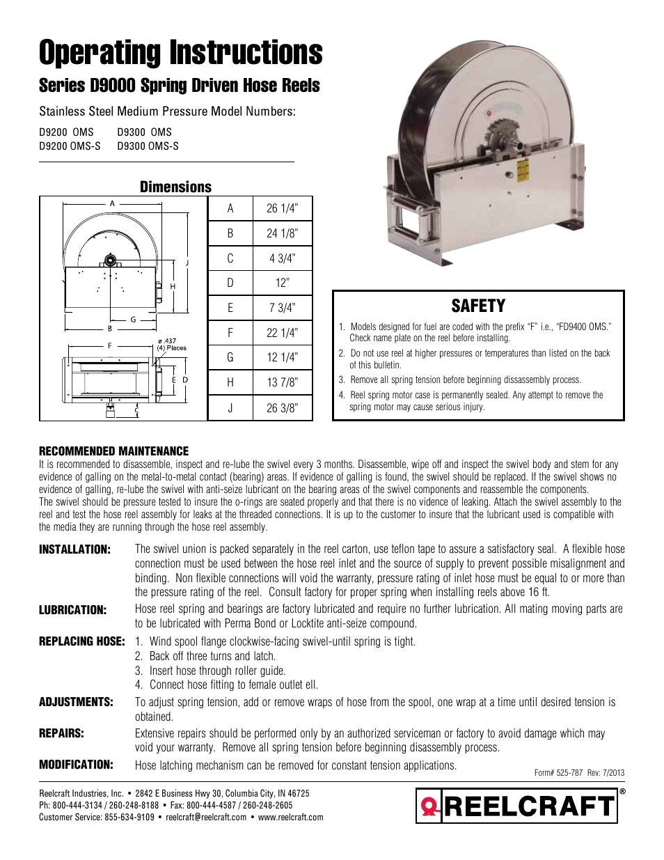 Reelcraft Series D9000 Spring Driven Hose Reels (Stainless Steel Medium Pressure) User Manual | 2 pages