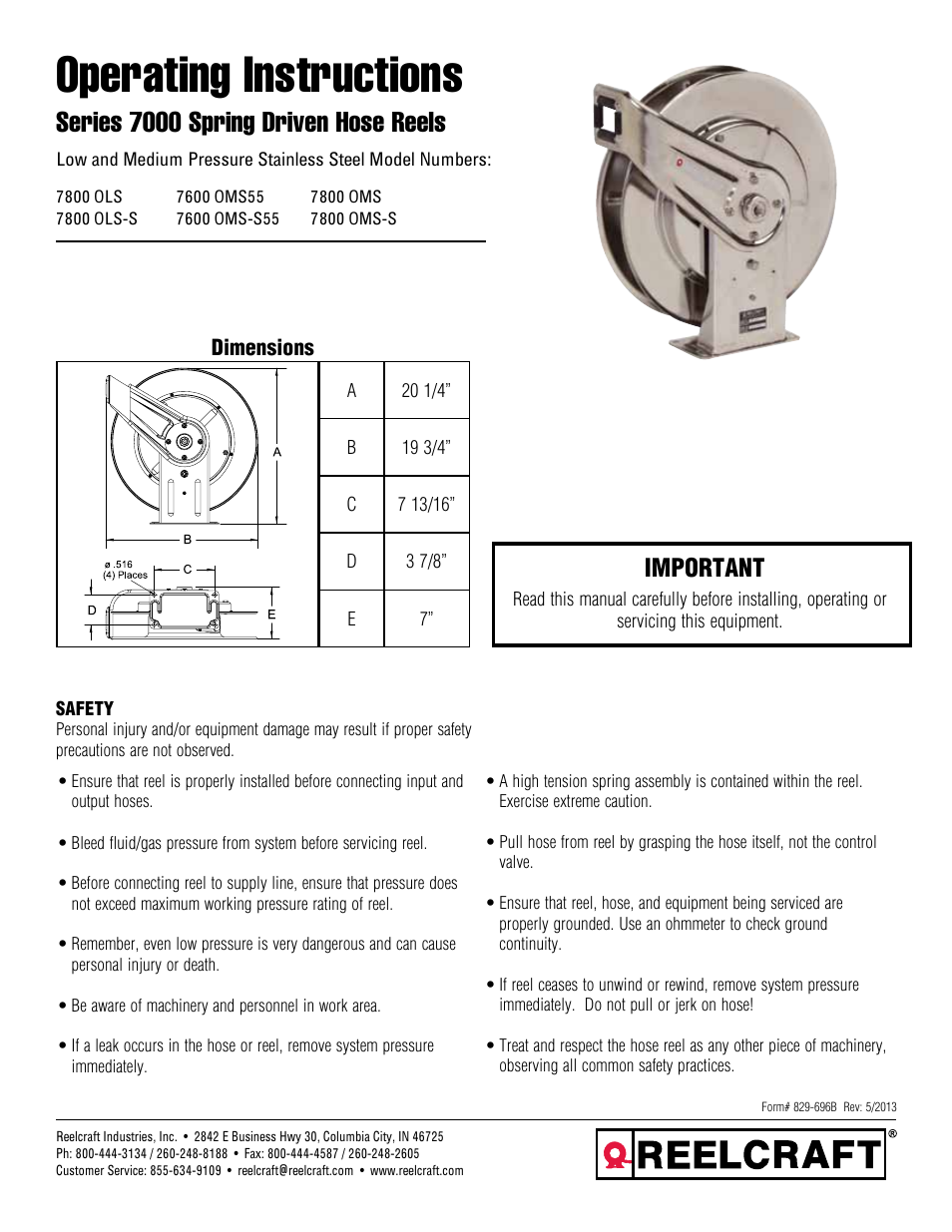 Reelcraft Series 7000 Spring Driven Hose Reels (Low and Medium Pressure Stainless Steel) User Manual | 9 pages