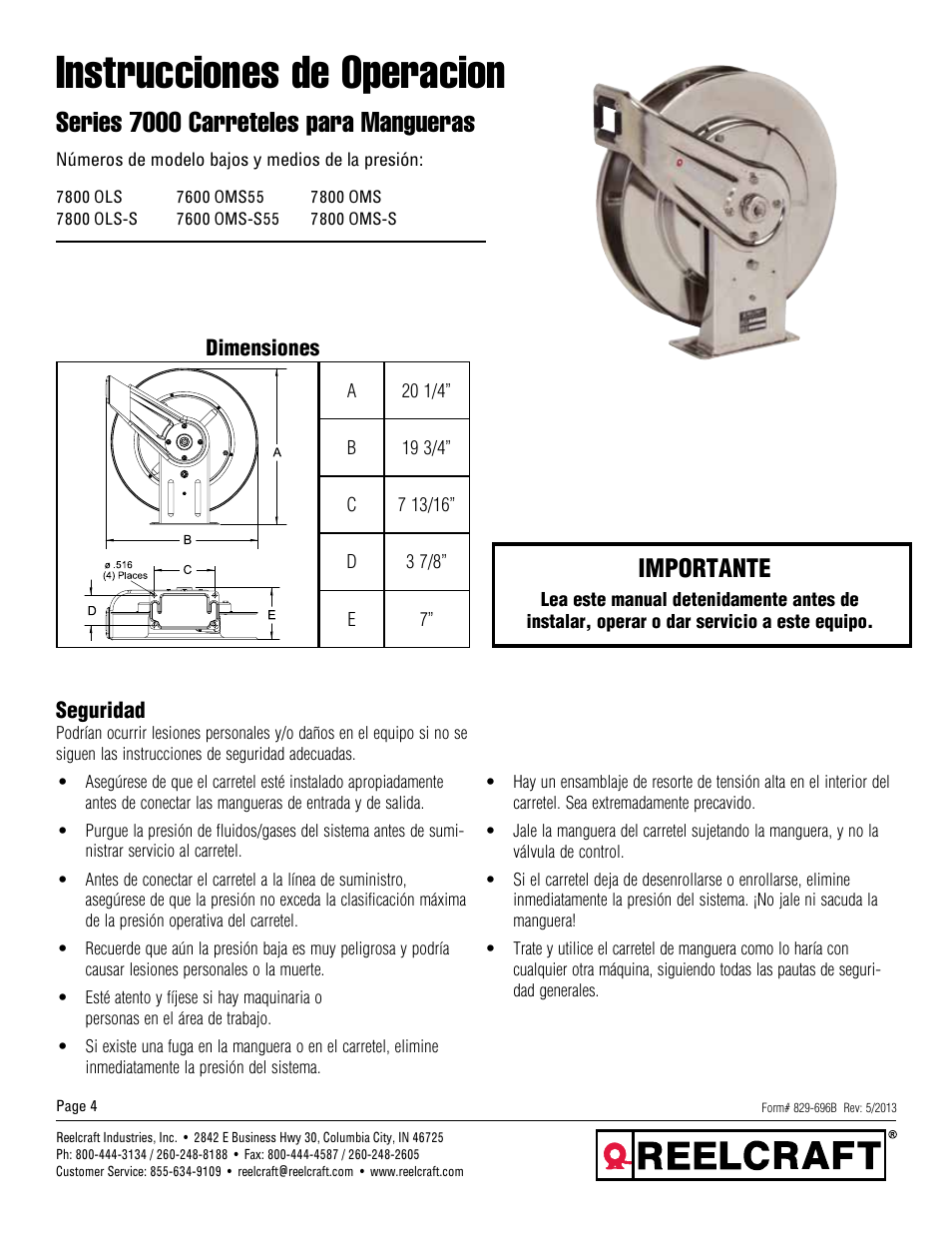 Instrucciones de operacion, Series 7000 carreteles para mangueras, Importante | Reelcraft Series 7000 Spring Driven Hose Reels (Low and Medium Pressure Stainless Steel) User Manual | Page 4 / 9