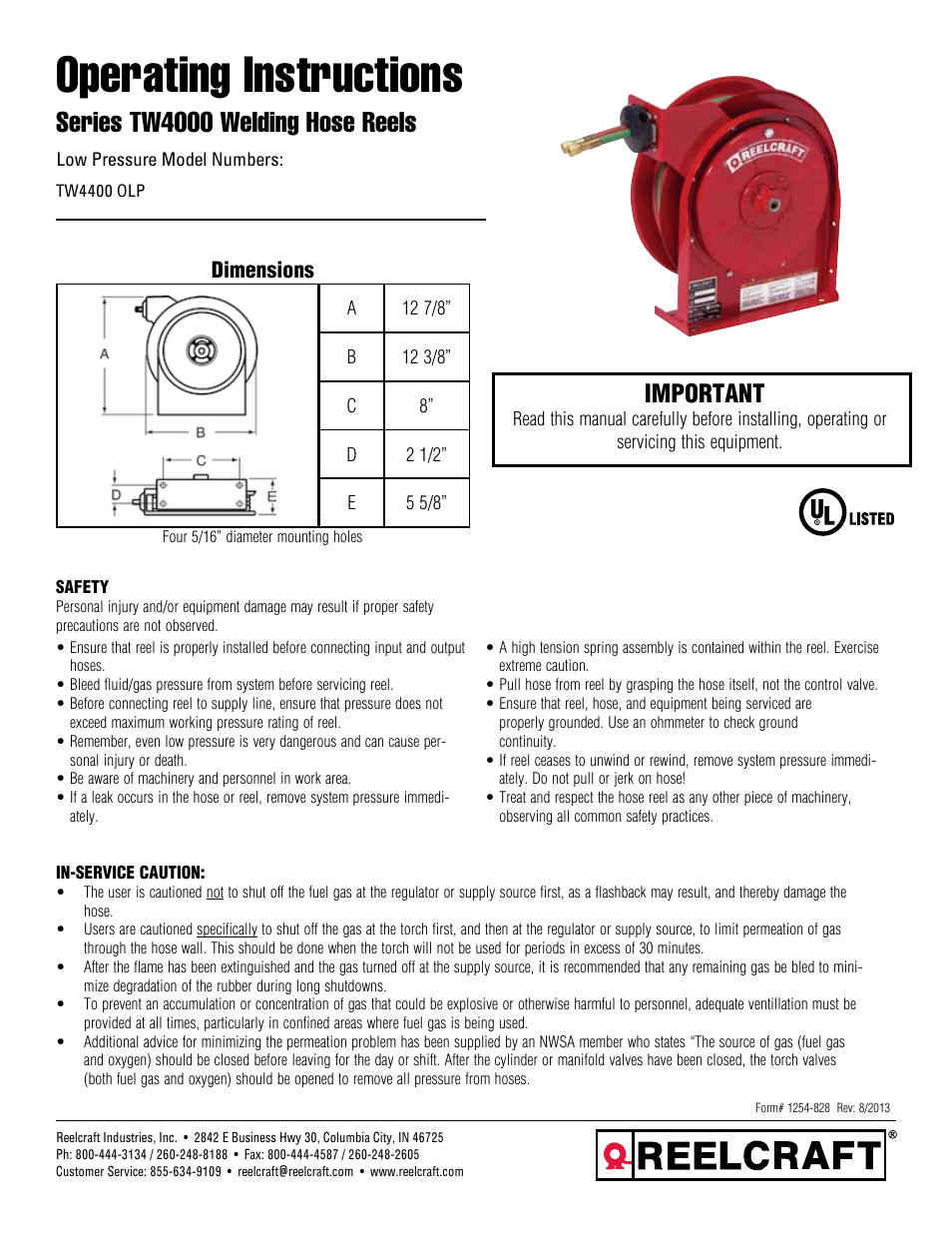 Reelcraft Series TW4000 Welding Hose Reels User Manual | 3 pages