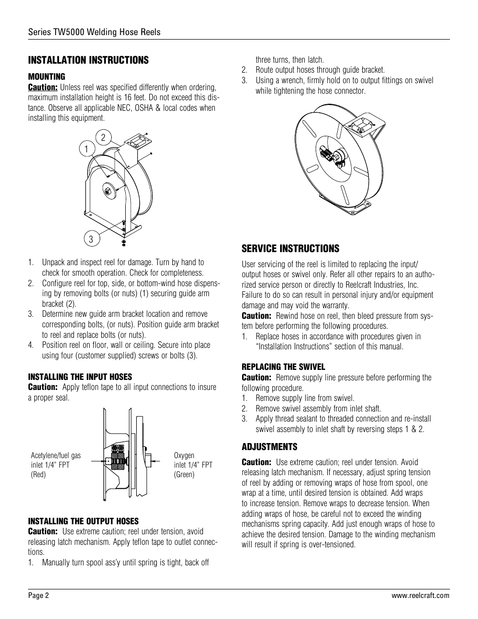 Reelcraft Series TW5000 Welding Hose Reels User Manual | Page 2 / 9